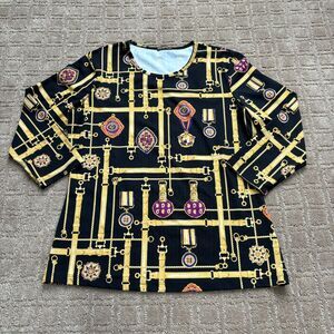 J. McLaughlin Equestrian Medals Shirt Women's M Black Horse Bit Catalina Cloth